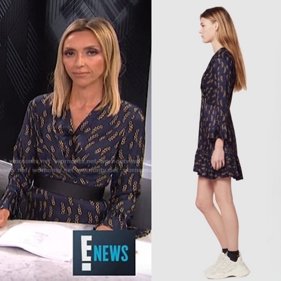 SANDRO Silk Satin Chain Print Draped V-Neck Long Bell Sleeve Ruffle Hem Dress XS - Picture 3 of 11